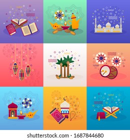 conjunto de tarjetas de felicitación eid mubarak, carteles o plantillas de invitaciones diseño con adorno árabe plano, patrón islámico y luna. ilustración vectorial de ramadan kareem