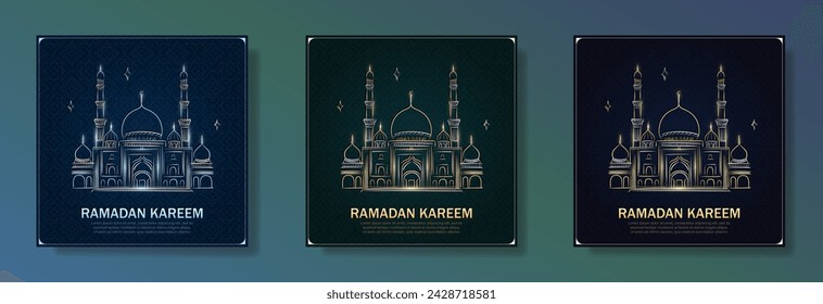 Set of Eid Mubarak greeting cards with hand drawn linear Mosque on dark green and blue background with Arabic pattern. Banner with golden and silver outline Masjid. Ramadan Kareem square posters