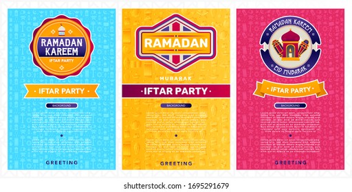 set of eid mubarak greeting posters or invitations template design with flat arabic ornament, islamic pattern, and moon. ramadan kareem stock vector illustration
