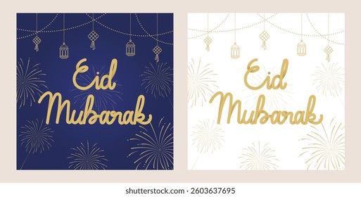 Set of eid mubarak greetings with golden fireworks and hanging lamps. Vector illustration eid mubarak in blue and white background for social media template and banner.