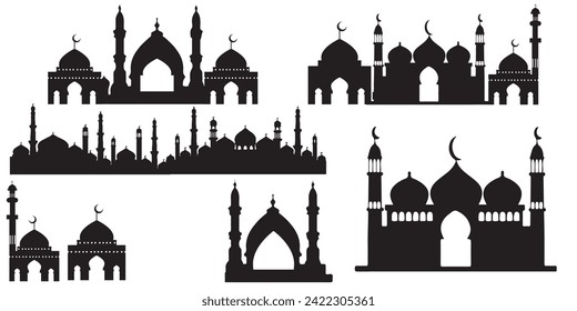 Set of Eid Mubarak night mosque silhouette for Ramadan design
