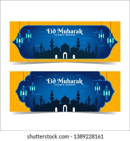 set of eid mubarak ramadan banner template with ornaments and silhouette mosque