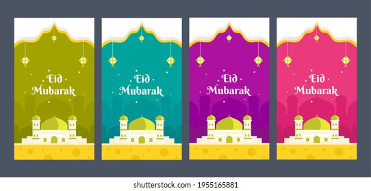 Set of Eid Mubarak social media template vector background illustration. Vertical banner with mosque and ketupat ornament decoration in flat design style, green, yellow, tosca, purple, pink color.