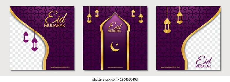 Set of eid mubarak square banner template design with a place for photos. Suitable for social media post, instagram and web internet ads. Vector illustration