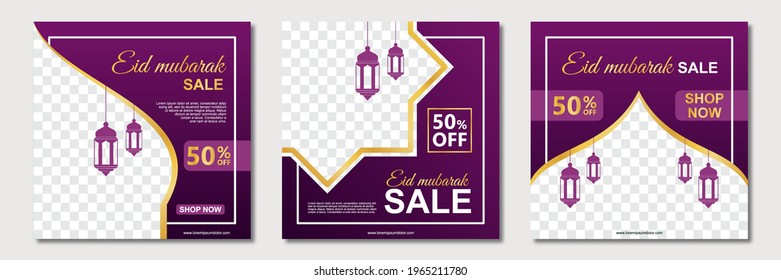 Set of eid mubarak square banner template design with a place for photos. Suitable for social media post, instagram and web internet ads. Vector illustration
