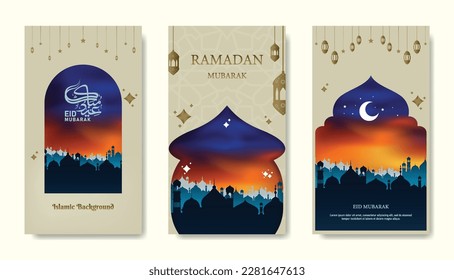 Set eid mubarak sunset concept with silhouette mosque. Islamic vintage gold color hanging lantern for story social media template. Mesh fill background