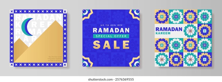 Set of Eid Mubarak trendy geometric posters, Islamic square greeting cards with a Muslim crescent moon, dunes, Islamic floral pattern in teal, blue, golden, white and SALE promo text. Ramadan Kareem