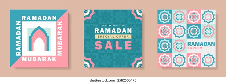 Set of Eid Mubarak trendy geometric posters, Islamic square greeting cards with a Mosque arch silhouette, Islamic floral pattern in pastel teal, pink, white colors and SALE promo text. Ramadan Kareem