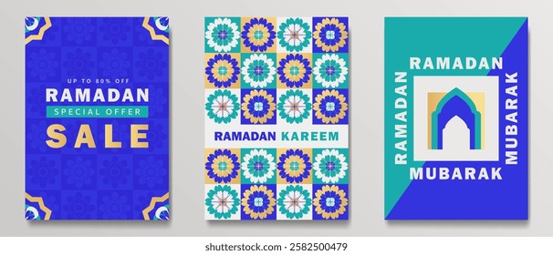Set of Eid Mubarak trendy geometric posters, Muslim greeting cards with a Mosque arch, Islamic floral pattern in teal, blue, golden, white and SALE promo text for shopping during Ramadan season