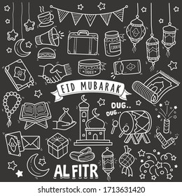 Set of eid mubarak vector doodle element. Various types of hand-drawn eid al fitr elements in chalkboard illustration style