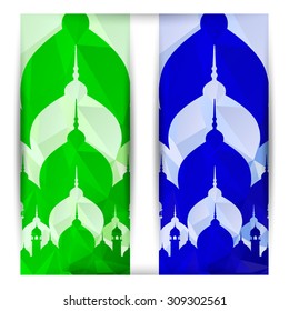  Set of Eid Mubarak vector greeting card or banners with silhouette of mosque. Vector multicolor background. design concept for muslim holiday. for Eid al-Adha and Eid al-Fitr. Triangle polygon