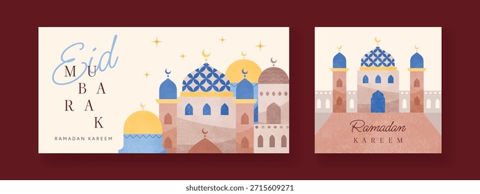 Conjunto de tarjetas de Eid y Ramadán con arquitectura islámica al pastel, medias lunas doradas, cúpulas de colores y cielo nocturno estrellado. Celebración religiosa de vacaciones. Ilustración vectorial para Anuncios y saludos.