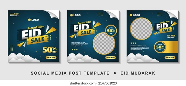 Set Eid Sale Promotion Square Banner Template with photo collage. Suitable for Web Promotion and Social Media Template Post for Advertisement, Event, and etc. Vector Illustration.