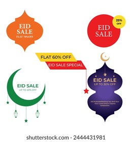 Set von Eid Special Sale Tags Vektorgrafik Abzeichen Vorlage, Set von 5 Ramadan Sale Abzeichen Icon Symbol, Set von Mega Sale Tags Vektorgrafik Abzeichen Vorlagen mit Prozent Sale Label Symbole, Eid  