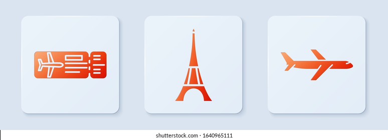 Set Eiffel tower, Airline ticket and Plane. White square button. Vector