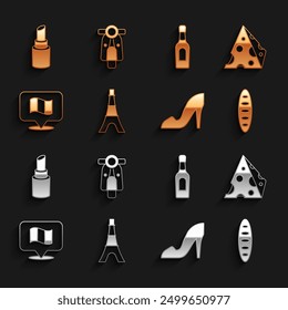 Conjunto Torre Eiffel, queso, pan francés baguette, zapato de mujer, bandera de Francia, botella de champán, lápiz labial e icono de scooter. Vector
