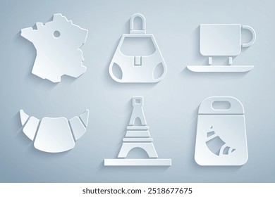 Definir Torre Eiffel, Xícara de café, Croissant, pacote, Bolsa e ícone Mapa França. Vetor