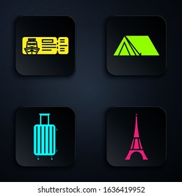 Set Eiffel tower, Cruise ticket for traveling by ship, Suitcase for travel and Tourist tent. Black square button. Vector