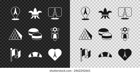 Conjunto Torre Eiffel, Fleur De Lys, Bandera Francia, Croissant, con corazón, pirámide de cristal de Louvre e icono de galleta Macaron. Vector