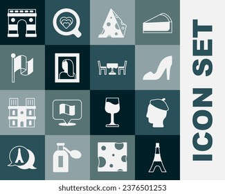 Set Eiffel tower, French man, Woman shoe, Cheese, Portrait picture in museum, Flag France, Triumphal Arch and cafe icon. Vector
