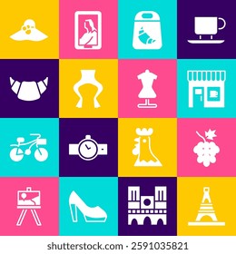 Set Eiffel tower, Grape fruit, Coffee shop, Croissant package, Frog legs, Elegant women hat and Mannequin icon. Vector