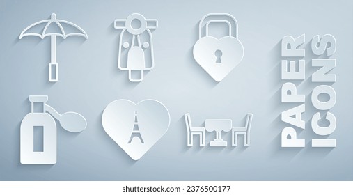 Set Eiffel tower with heart, Castle in the shape of, Perfume, French cafe, Scooter and Umbrella for beach icon. Vector