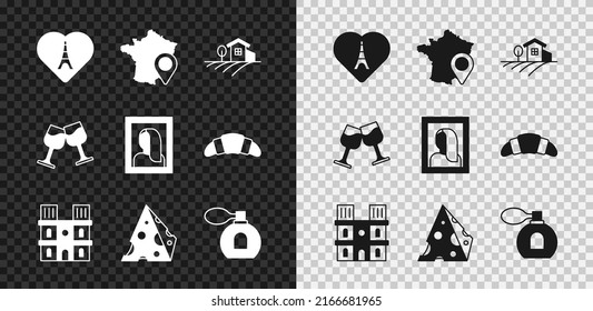 Set Eiffel tower with heart, Map of France, Village landscape, Notre Dame de Paris, Cheese, Perfume, Wine glass and Portrait picture museum icon. Vector