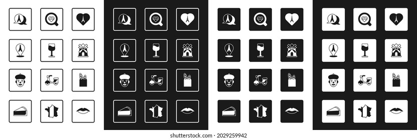 Set Eiffel tower with heart, Wine glass, Windmill, Coffee cup, French baguette bread and mime icon. Vector