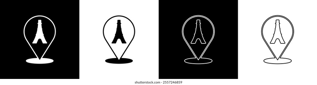 Set Eiffel tower icon isolated on black and white background. France Paris landmark symbol.  Vector