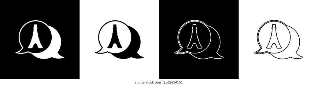 Set Eiffel tower icon isolated on black and white background. France Paris landmark symbol.  Vector