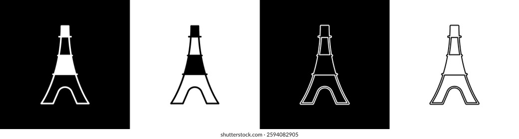 Set Eiffel tower icon isolated on black and white background. France Paris landmark symbol.  Vector