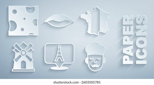 Set Eiffel tower, Map of France, Windmill, Cook, Smiling lips and Cheese icon. Vector