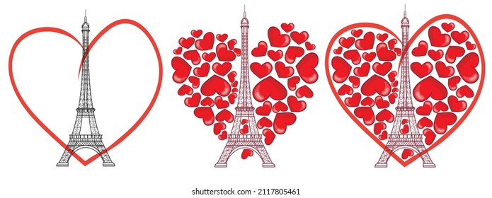 Set of Eiffel Tower on the background of red hearts.Valentine's day. Romance. Vector illustration.