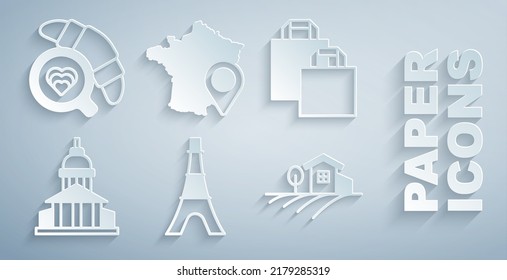 Set Eiffel tower, Paper shopping bag, Museum building, Village landscape, Map of France and Coffee cup with croissant icon. Vector