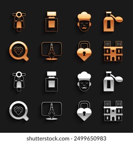 Set Eiffel tower, Perfume, Notre Dame de Paris, Castle in the shape of heart, Coffee cup, Cook, Scooter and  icon. Vector