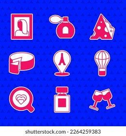 Establezca la torre Eiffel, Perfume, Vidrio, Globo de aire caliente, Café, Queso y retrato icono del museo de imagen. Vector