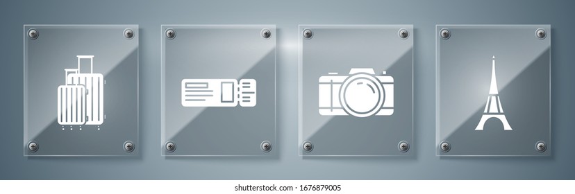 Set Eiffel tower, Photo camera, Travel ticket and Suitcase for travel. Square glass panels. Vector