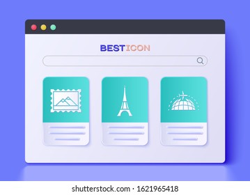 Set Eiffel tower, Postal stamp and Mountains and Globe with flying plane icon. Vector
