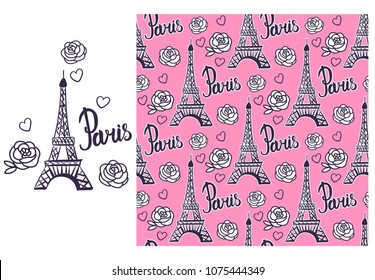 Set Eiffel Tower seamless pattern paper and isolated on white background. Vector ink illustration.