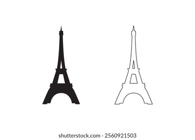 Set of eiffel tower with silhouette and outline style