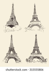 Set of Eiffel Tower sketches, Paris France architecture, vintage engraved illustration, hand drawn