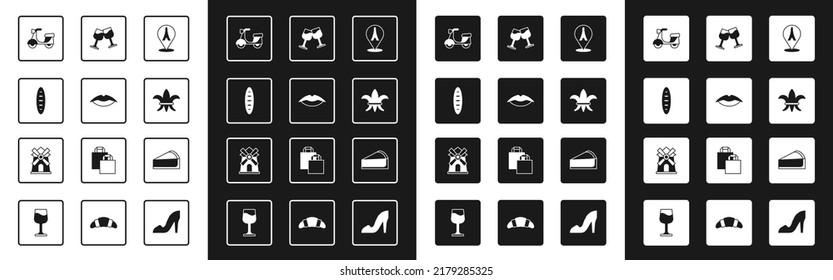 Set Eiffel tower, Smiling lips, French baguette bread, Scooter, Fleur De Lys, Wine glass, Cherry cheesecake slice and Windmill icon. Vector