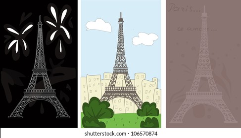 set of Eiffel tower in three different styles