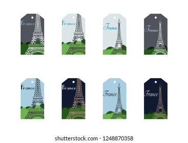Set Eiffel tower vector illustration gift tag. Mockup, template. Paris icon label.