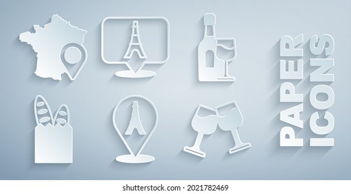 Set Eiffel tower, Wine bottle with glass, French baguette bread,  and Map of France icon. Vector
