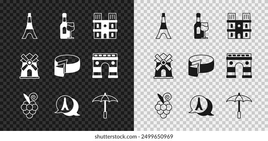 Set Eiffel tower, Wine bottle with glass, Notre Dame de Paris, Grape fruit, Umbrella for beach, Windmill and Cheese icon. Vector