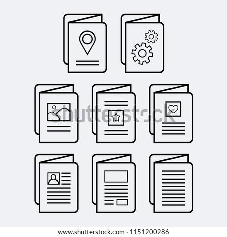 Set of eight (8) vector icons of various trifold brochures, each displaying different media.