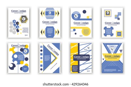 Set of eight A4 cover. Yellow, blue, white geometric shapes. White background. Modern.. Poster. Vector Illustration. Abstract composition. Creative design. Book. Title sheet. Brochure template layout.