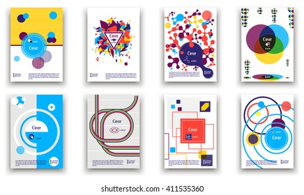 Set eight abstract A4 covers. Bright colors. White background. Brochure template layout. Title sheet. Analytic publication. Creative vector art. Design. Annual report. Book. Bright. Poster. Leaflet.