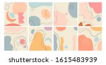 Set of eight abstract backgrounds. Hand drawn various shapes and doodle objects. Contemporary modern trendy vector illustrations. Every background is isolated. Pastel colors